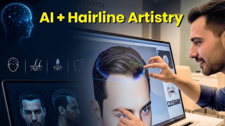 AI Hairline Design showing advanced technology used to create a natural-looking hairline for hair transplant planning.