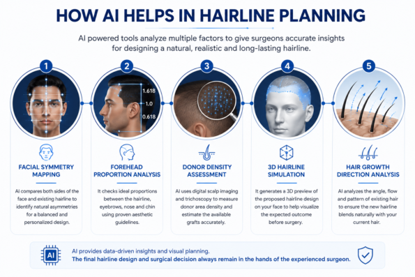 AI Hairline Design infographic showing facial symmetry mapping, forehead proportion analysis, donor density assessment, 3D hairline simulation, and hair growth direction analysis for personalized hair transplant planning.
