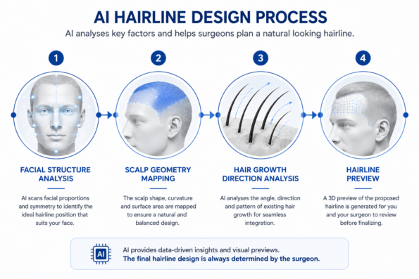 AI Hairline Design infographic showing facial structure analysis, scalp geometry mapping, hair growth direction analysis, and hairline preview for personalized hair transplant planning.