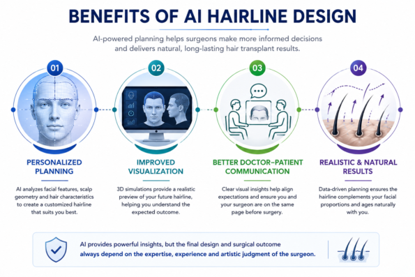 AI Hairline Design infographic highlighting the benefits of artificial intelligence in hair transplant planning, including personalized hairline planning, improved visualization, better doctor-patient communication, and natural-looking results.