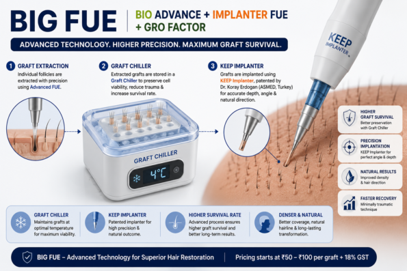 Hair Transplant in USA vs India comparison showing advanced BIG FUE technology with Graft Chiller and KEEP Implanter for high graft survival.