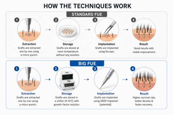 Illustration comparing the BIG FUE vs Standard FUE hair transplant procedures. The infographic shows four stages for each technique—hair graft extraction, graft storage, implantation, and final result.