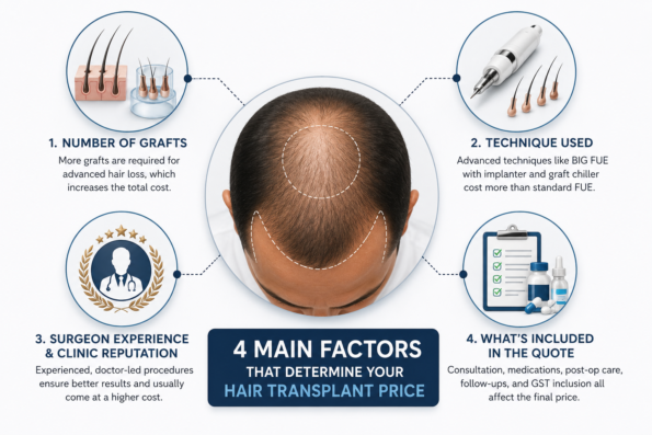 Medical infographic showing the four main factors that affect hair transplant cost in silvassa, including graft count, transplant technique, surgeon experience, and treatment inclusions.