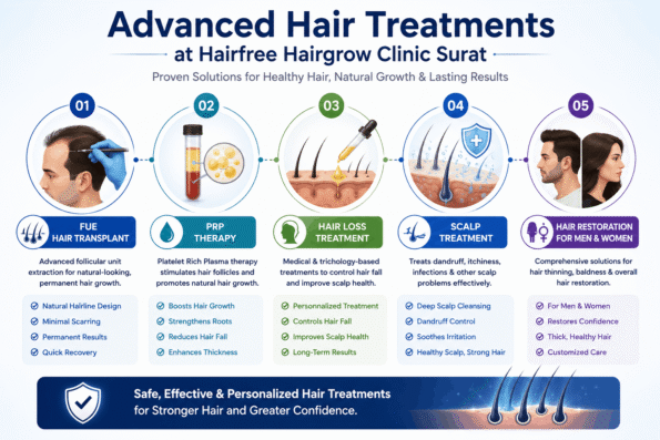 Hair Specialist Doctor in Surat infographic showing advanced hair treatments including FUE hair transplant, PRP therapy, hair loss treatment, scalp treatment, and hair restoration for men and women.