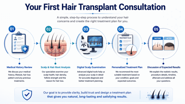 Hair Specialist Doctor in Surat infographic explaining the first hair consultation process for hair loss treatment.