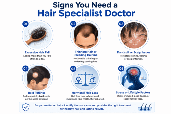 Hair Specialist Doctor in Surat infographic showing common signs to consult a hair specialist, including excessive hair fall, thinning hair, receding hairline, dandruff, scalp issues, bald patches, hormonal hair loss, and stress-related hair loss.