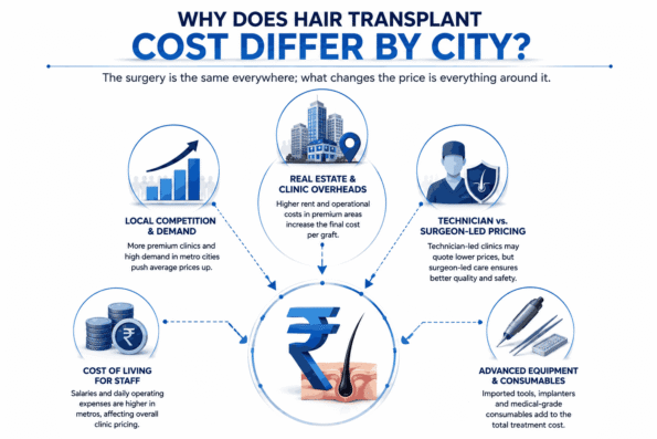 Hair Transplant Cost Pune vs Delhi vs Bangalore infographic explaining the factors that affect treatment costs, including clinic overhead, real estate, surgeon expertise, local competition, staff costs, and advanced medical equipment.