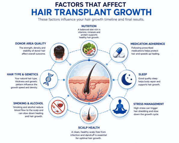 Hair Transplant Growth Chart infographic showing the key factors that affect hair transplant growth, including nutrition, medication adherence, sleep, stress management, scalp health, smoking and alcohol, hair type, genetics, and donor area quality.