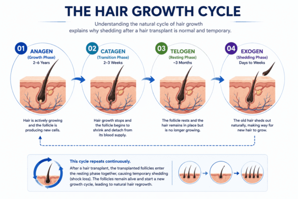 Hair Transplant Growth Chart infographic showing the four stages of the hair growth cycle—Anagen, Catagen, Telogen, and Exogen—and explaining normal shedding and regrowth after a hair transplant.