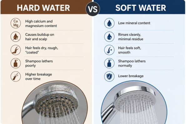 Hard Water and Hair Fall infographic comparing hard water and soft water, showing mineral buildup, dry hair, and increased hair breakage.