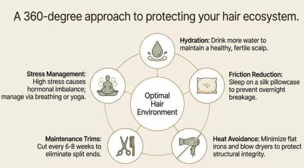 Natural Ways to Grow Hair with hydration, stress management, heat protection, regular trims, and reduced friction