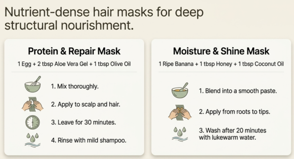 Natural Ways to Grow Hair using homemade protein, moisture, and shine hair masks for healthy hair