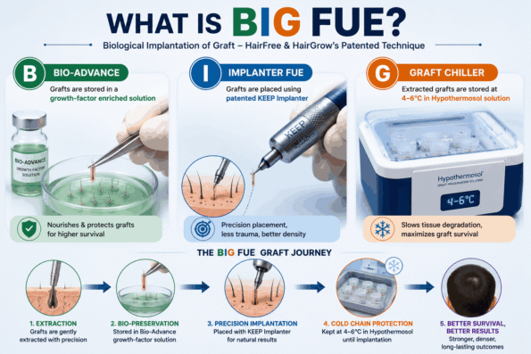 BIG FUE hair transplant showing Bio-Advance graft preservation, KEEP Implanter placement, and chilled graft storage in Hypothermosol solution