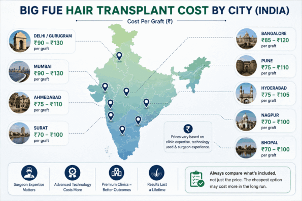 BIG FUE hair transplant cost by city in India showing approximate per-graft prices across Delhi, Mumbai, Bangalore, Pune, Ahmedabad, Hyderabad, Surat, Nagpur, and Bhopal