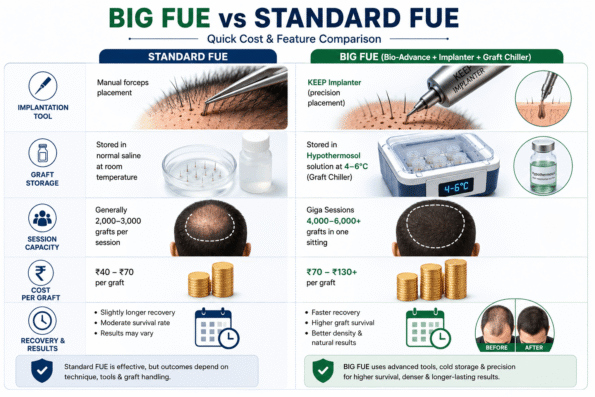 BIG FUE vs Standard FUE comparison showing implantation tools, graft storage, session capacity, cost per graft, and recovery