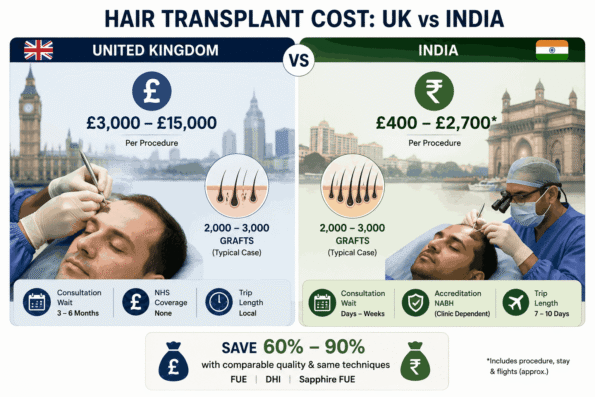 Hair transplant in UK vs India cost comparison showing procedure costs, graft requirements, consultation wait times, NHS coverage, and travel length.