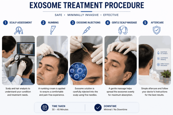 Exosome treatment procedure showing scalp assessment, numbing, exosome injections, gentle scalp massage, and aftercare for hair loss