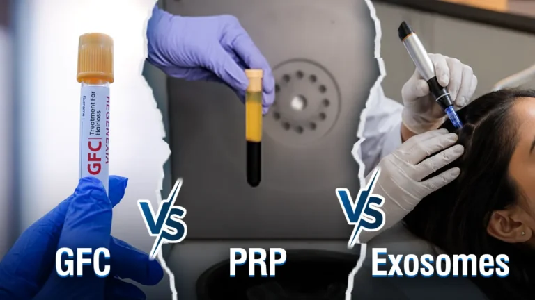 GFC vs PRP vs Exosomes comparison showing three advanced hair treatments for hair loss and hair growth.