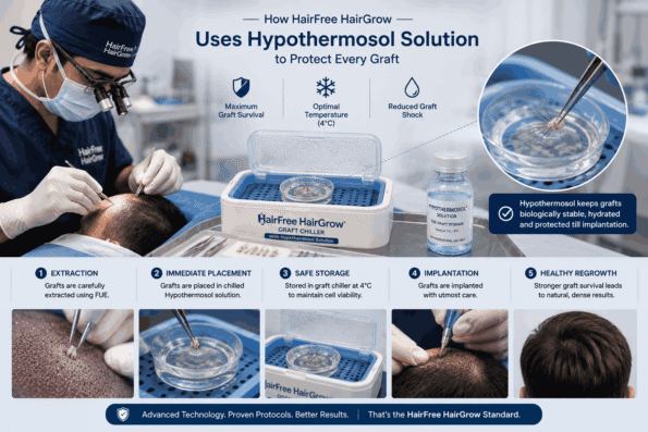 Hypothermosol Solution for Hair Transplant showing graft extraction, chilled storage at 4°C, careful implantation, and graft protection at HairFree HairGrow