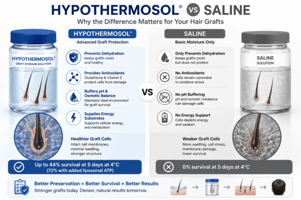 Hypothermosol vs saline comparison showing how Hypothermosol provides antioxidant, pH balance, and energy support to protect hair transplant grafts