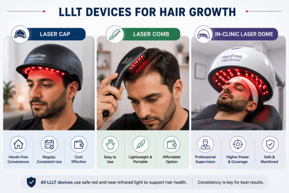 LLLT devices for hair growth showing a laser cap, laser comb, and in-clinic laser dome used for scalp treatment