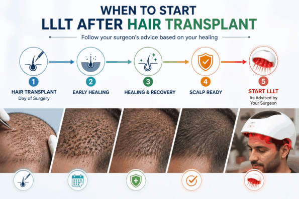 LLLT after hair transplant showing red light reaching hair follicles and supporting cellular energy, blood circulation, and follicle activity