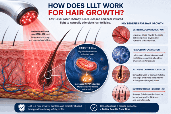 LLLT after hair transplant showing red light reaching hair follicles, supporting ATP production, blood circulation, and follicle activity