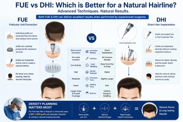 FUE vs DHI hair transplant comparison showing graft extraction, implantation, hairline design, and density planning for a natural-looking hairline.