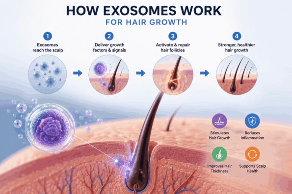 What are exosomes and how do they work for hair loss, showing exosomes delivering growth factors to hair follicles to support hair growth and scalp health