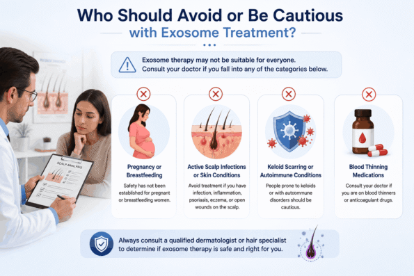 Who should avoid or be cautious with exosome treatment, showing pregnancy, scalp infections, keloid or autoimmune conditions, and blood-thinning medications