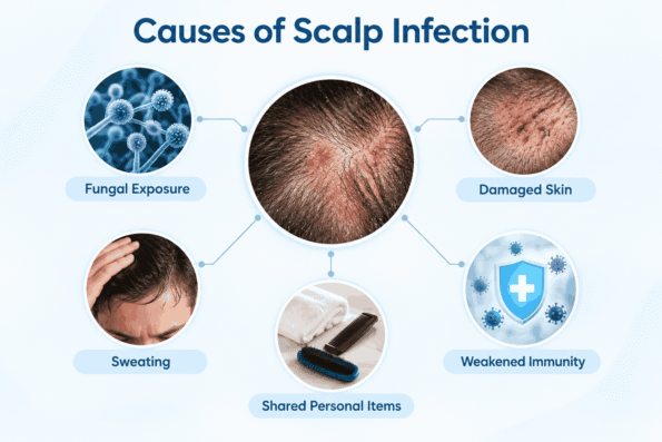 Common causes of scalp infection including fungal exposure, damaged skin, sweating, shared personal items and weakened immunity