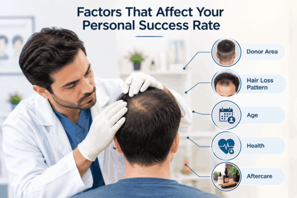 Factors affecting hair transplant success rate including donor area, hair loss pattern, age, health, and aftercare