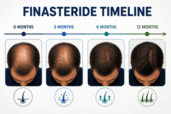 Finasteride stop hair loss timeline showing gradual reduction in hair loss and improved hair density