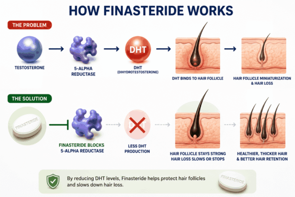 How finasteride works by reducing DHT production and helping protect hair follicles from miniaturization and hair loss