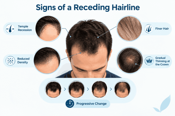 Signs of a receding hairline showing temple recession, finer hair, reduced density, crown thinning, and progressive hairline changes