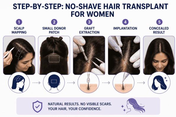 Step-by-step no-shave hair transplant for women showing scalp mapping, donor patch preparation, graft extraction, implantation, and concealed results
