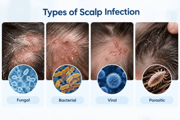 Types of scalp infection including fungal, bacterial, viral and parasitic infections