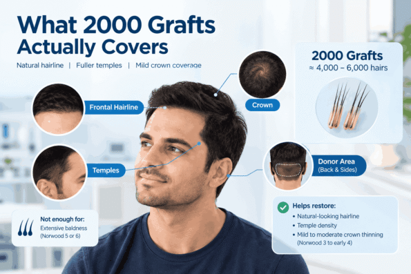 2000 Grafts Hair Transplant Cost in Ahmedabad showing coverage of the frontal hairline, temples, and mild crown thinning.