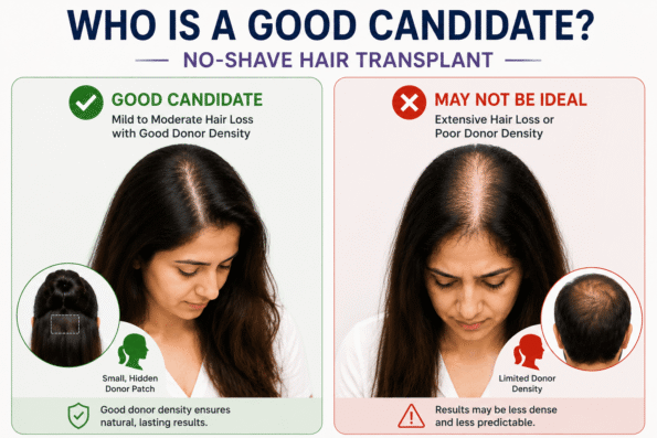 Good candidate for no-shave hair transplant showing a woman with mild to moderate hair loss and good donor hair density