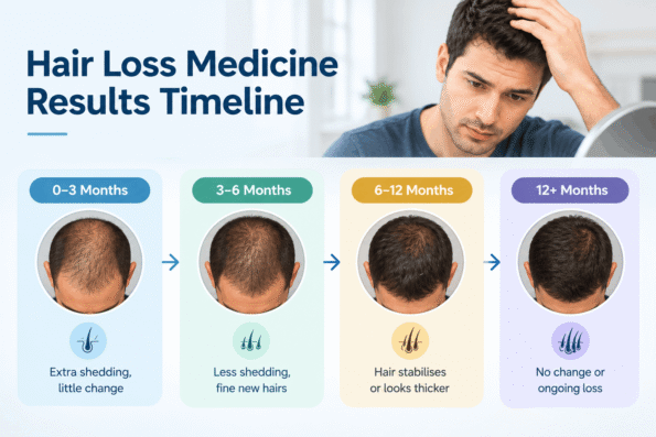 Hair Loss Medicine Is Not Working -Timeline showing hair loss medicine progress from 0–3 months to 12 months.
