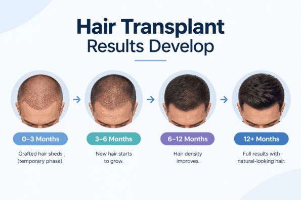 Hair transplant before wedding growth timeline showing the stages of hair restoration from 0–3 months to 12+ months, including new hair growth and improving hair density.