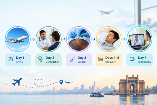 Hair Transplant for NRI in India-Seven-day hair transplant trip timeline in India for NRI patients, from arrival and consultation to surgery and final review.