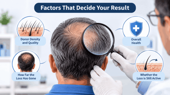 Hair Transplant After 50, highlighting key factors such as donor hair density, overall health, extent of hair loss, and ongoing hair thinning that influence transplant results.